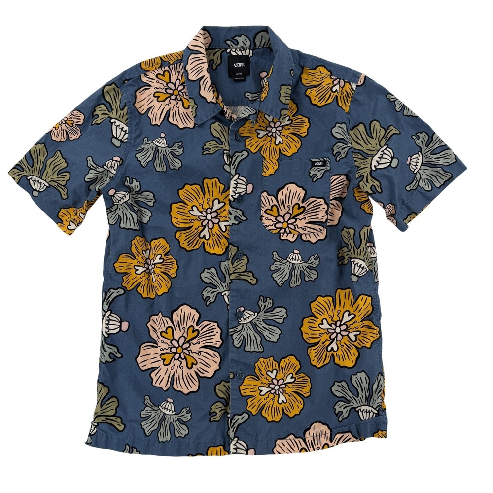 Vans Hawaiian Shirt Boys Large Blue Floral Short Sleeve Button Up Casual Youth